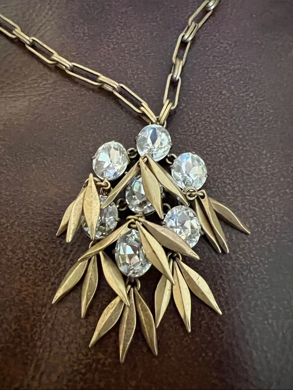 J. Crew Gold-Tone Leaf Cluster Necklace with sparkly Clear Stones - Picture 2 of 4